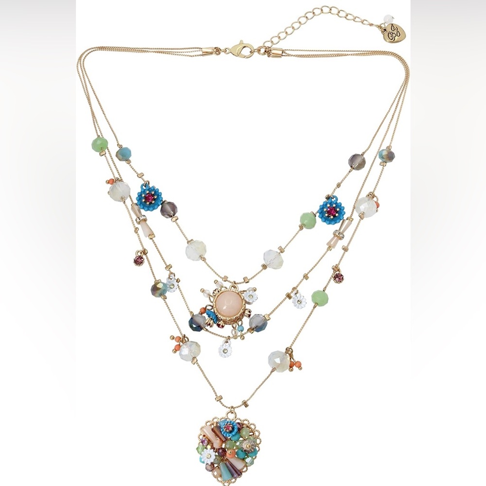 Betsey Johnson Woven Mixed Multi-Colored Bead Flower Heart Illusion Necklace